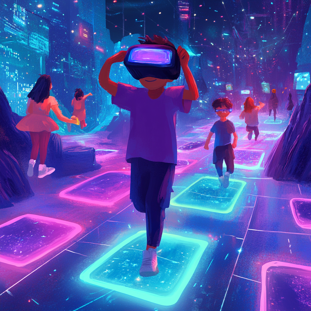 Family playing interactive LED floor games at Dimension V in Gatineau